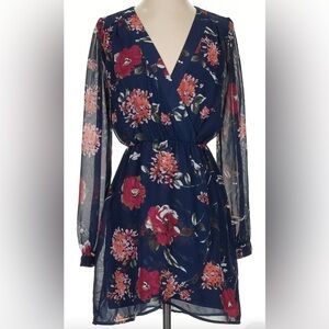 Lulus M Navy Blue Floral Print Mini Dress- Long Sleeve NWOT